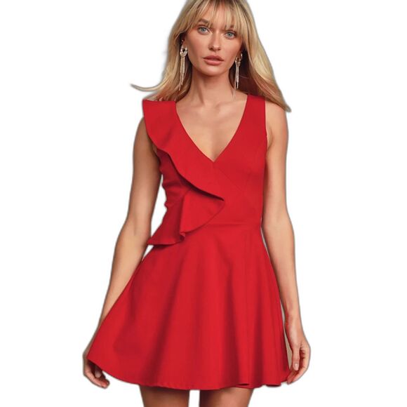 NWT Lulus Secret Admirer Red Sleeveless Ruffled Skater Dress Large - Picture 1 of 12